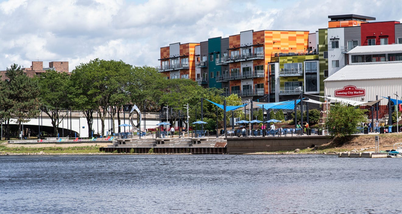 A view of Rotary Park and Marketplace from across the river