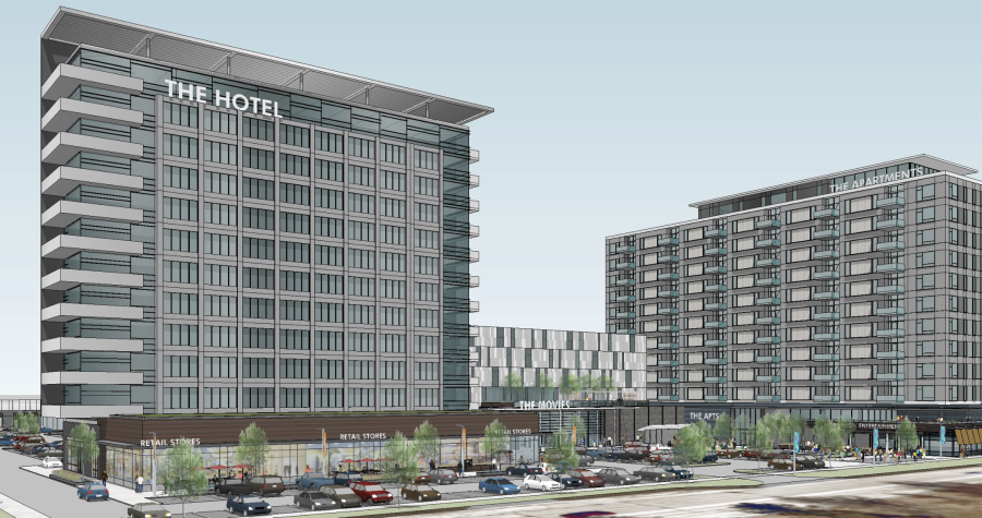 Rendering of 3131 E. Michigan Ave, including hotel and retail space. 